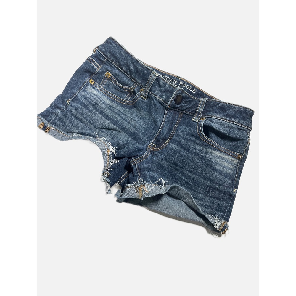 American Eagle Shortie Shorts Womens 4 Blue Denim Raw Hem Super Stretch Low Rise